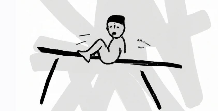 A gymnast on the balance beam, failing because he is clumsy